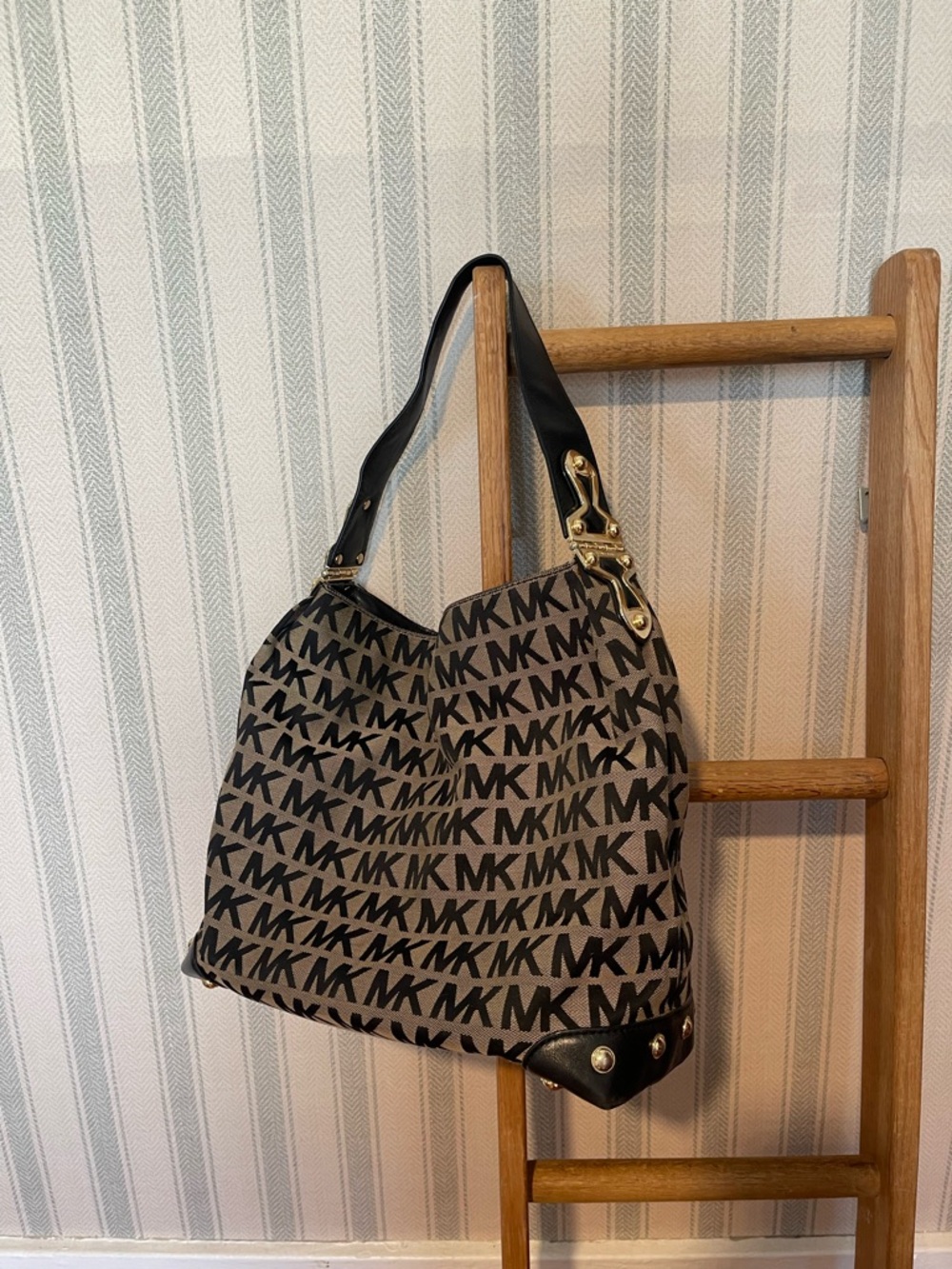 Michael Kors Beige & Black monogram Logo Shoulder Bag with Gold Hardware